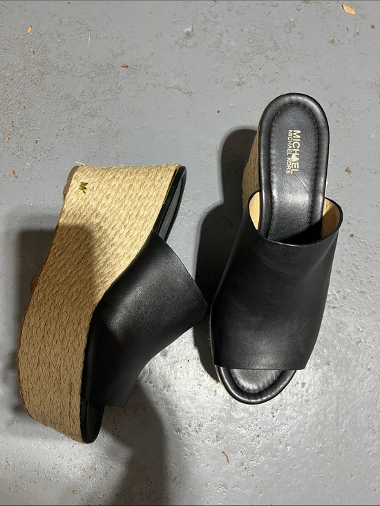 MICHAEL Michael Kors Shoes - MICHAEL Michael Kors Black Leather Espadrille Wedge Mules